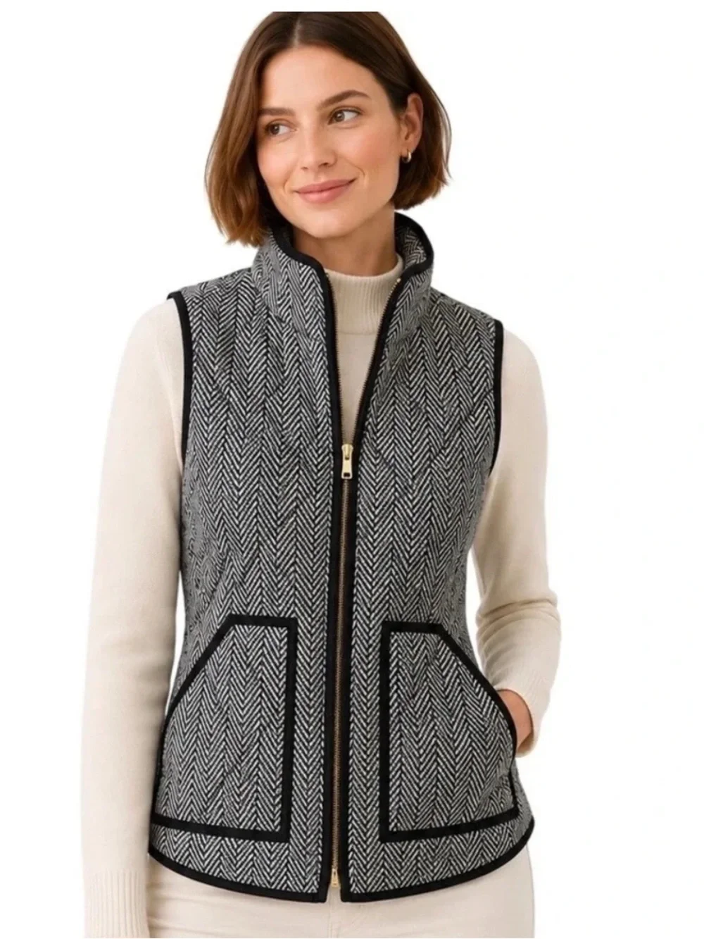 J.Crew Quilted Excursion Vest Women Black White Herringbone Size M
